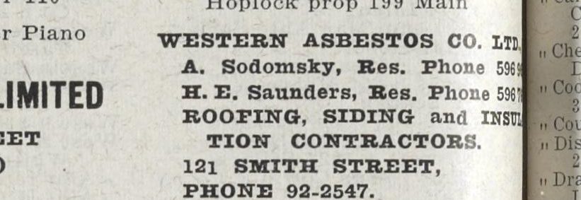Bold directory advertisement: Western Asbestos Co. Ltd., A. Sodomsky, H. E. Saunders, roofing, siding and insulation contractors, 121 Smith Street