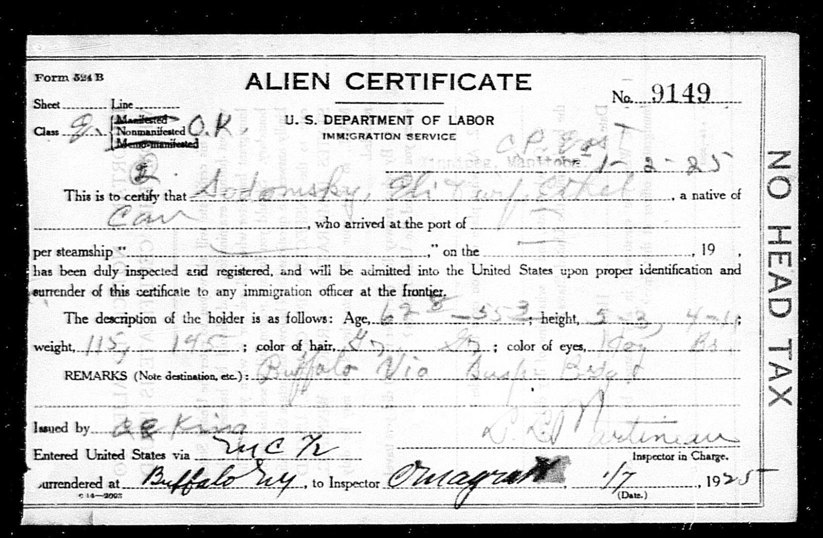 Typed and handwritten US alien certificate for Sodomsky, Eli and wife Ethel, natives of Canada, with ages, heights, weights, hair and eye colour