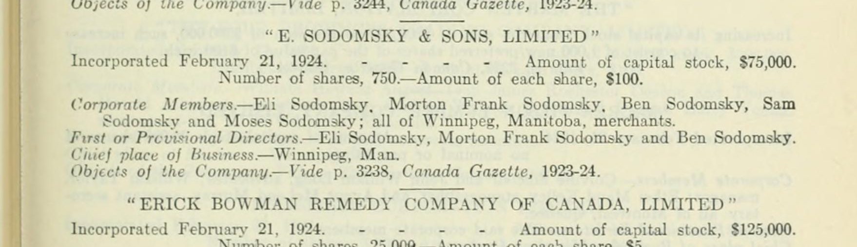 Printed incorporation notice for E. Sodomsky and Sons, Limited, 21 February 1924