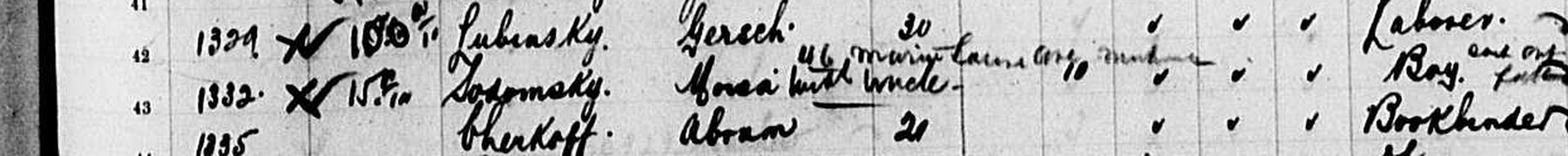 Handwritten manifest line: Sodomsky, Mosa, with uncle, Boy, sent out by his father