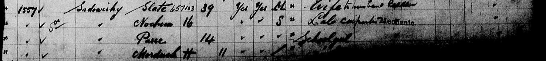 Handwritten manifest lines: Sadowisky Slate 39, Nochem 16, Passe 14, Mordechai 11